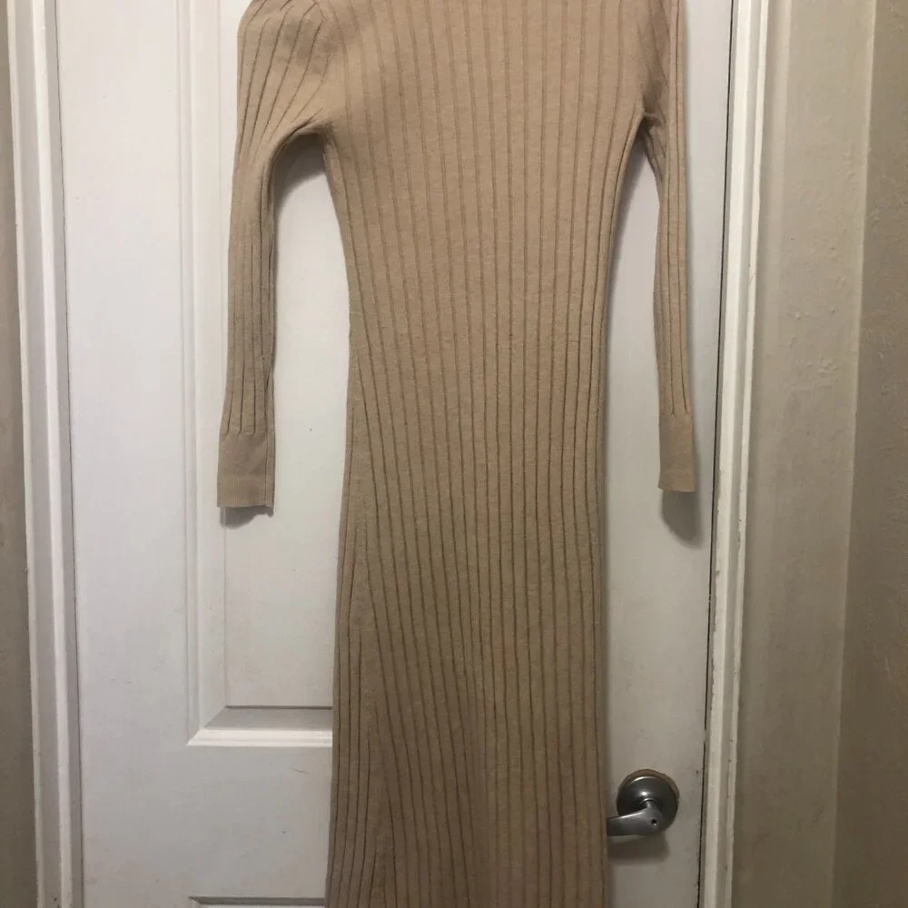 Womans Loft Max Sweater Dress Small Brown Long Sleeve Collar Cream - Picture 10 of 13